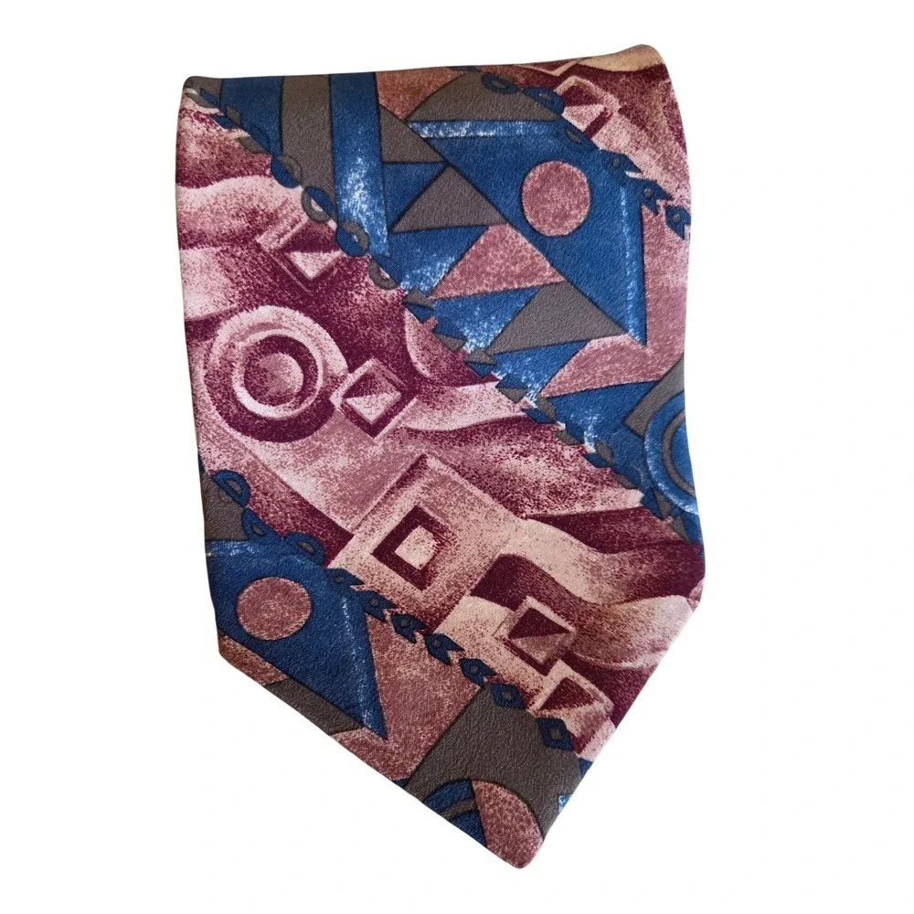 Gianfranco Ruffini Silk Tie Abstract Geometric Retro 90s Pattern Blue‎ Burgundy
